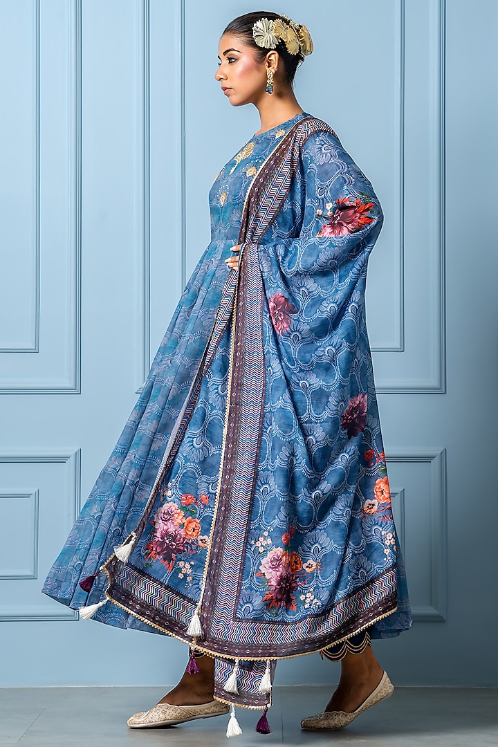Navy Blue Chanderi Digital Floral Printed Anarkali Set by Yuvrani Jaipur at Pernia's Pop Up Shop