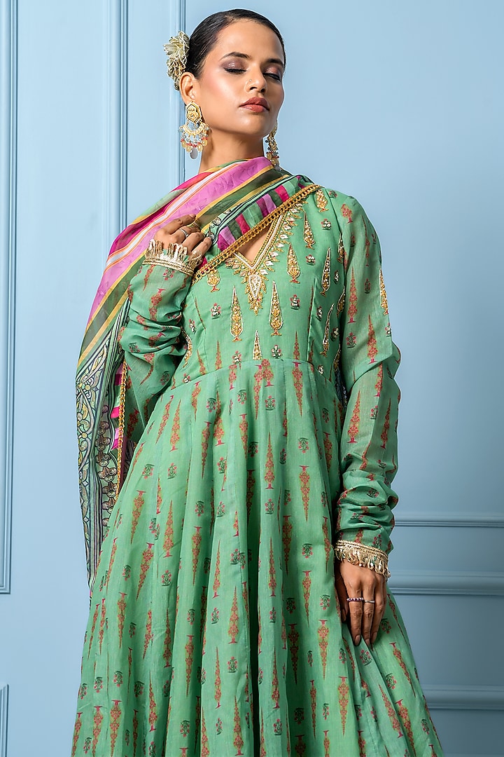 Green Chanderi Digital Printed Party Wear Anarkali Set by Yuvrani Jaipur at Pernia's Pop Up Shop