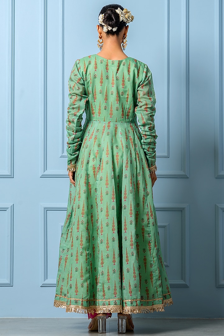 Green Chanderi Digital Printed Party Wear Anarkali Set by Yuvrani Jaipur at Pernia's Pop Up Shop