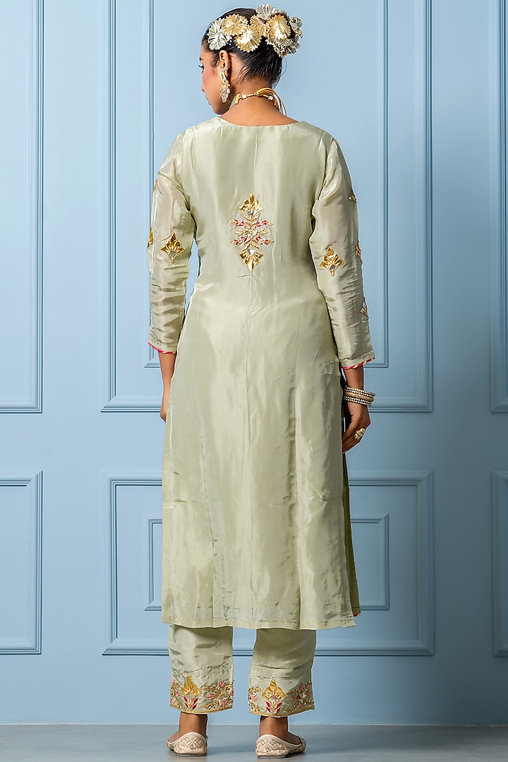 Sea Green Pure Spun Silk Gota Hand Embroidered Kurta Set by Yuvrani Jaipur at Pernia's Pop Up Shop