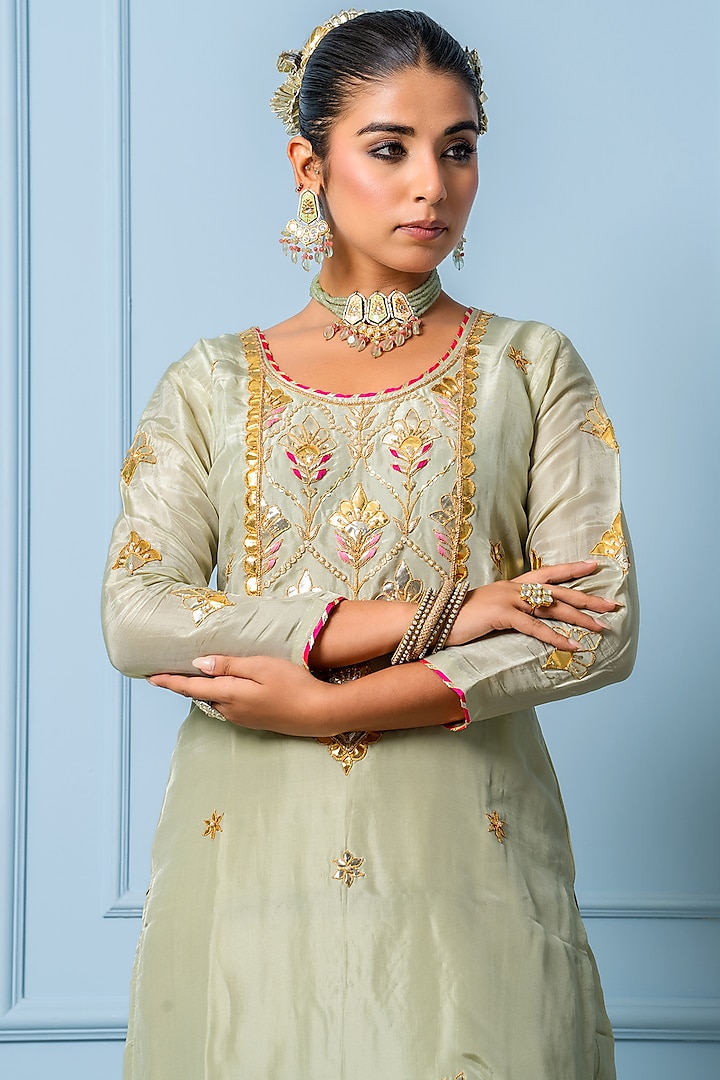 Sea Green Pure Spun Silk Gota Hand Embroidered Kurta Set by Yuvrani Jaipur at Pernia's Pop Up Shop