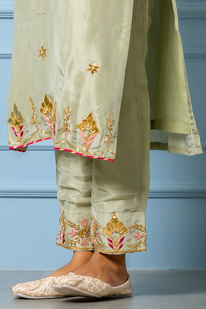 Sea Green Pure Spun Silk Gota Hand Embroidered Kurta Set by Yuvrani Jaipur at Pernia's Pop Up Shop