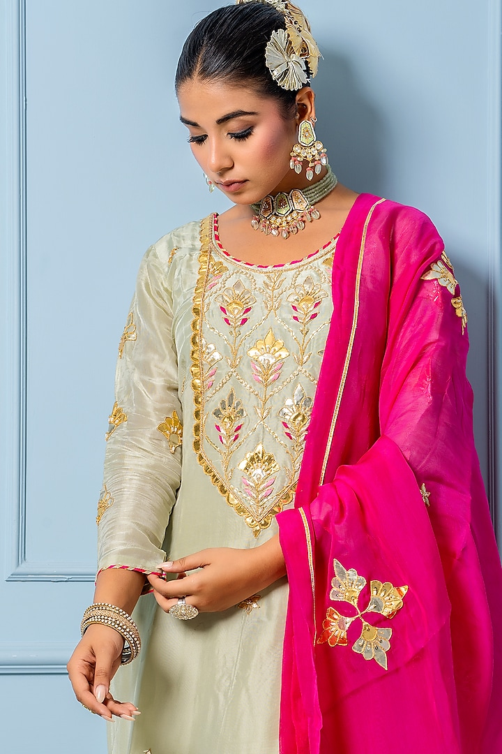 Sea Green Pure Spun Silk Gota Hand Embroidered Kurta Set by Yuvrani Jaipur at Pernia's Pop Up Shop