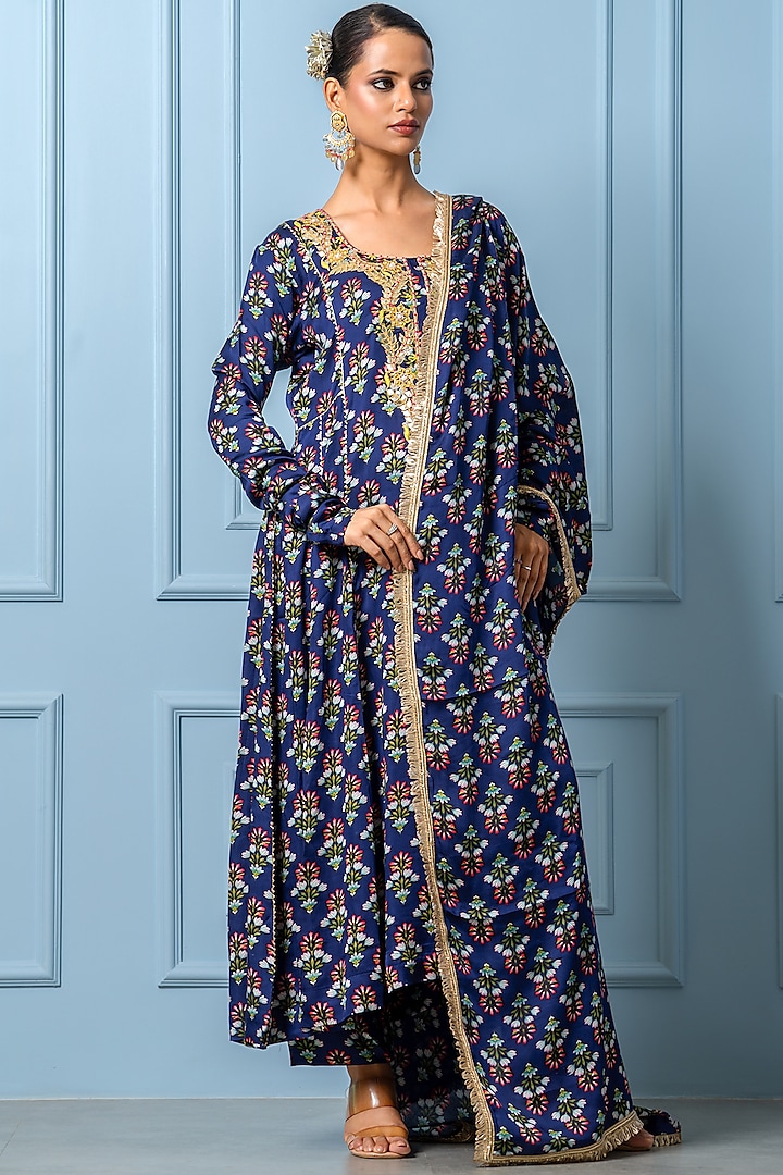 Navy Blue Modal Satin Digital Printed & Dabka Embroidered Kurta Set by Yuvrani Jaipur