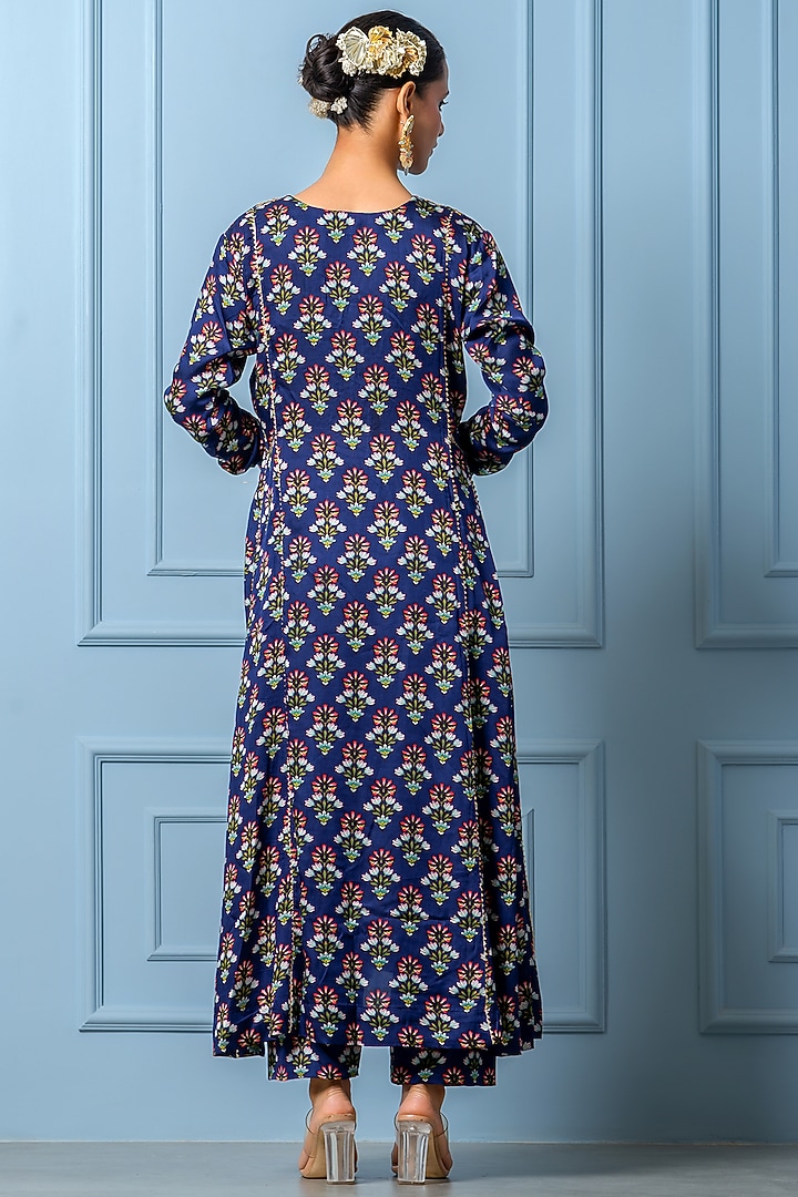 Navy Blue Modal Satin Digital Printed & Dabka Embroidered Kurta Set by Yuvrani Jaipur at Pernia's Pop Up Shop