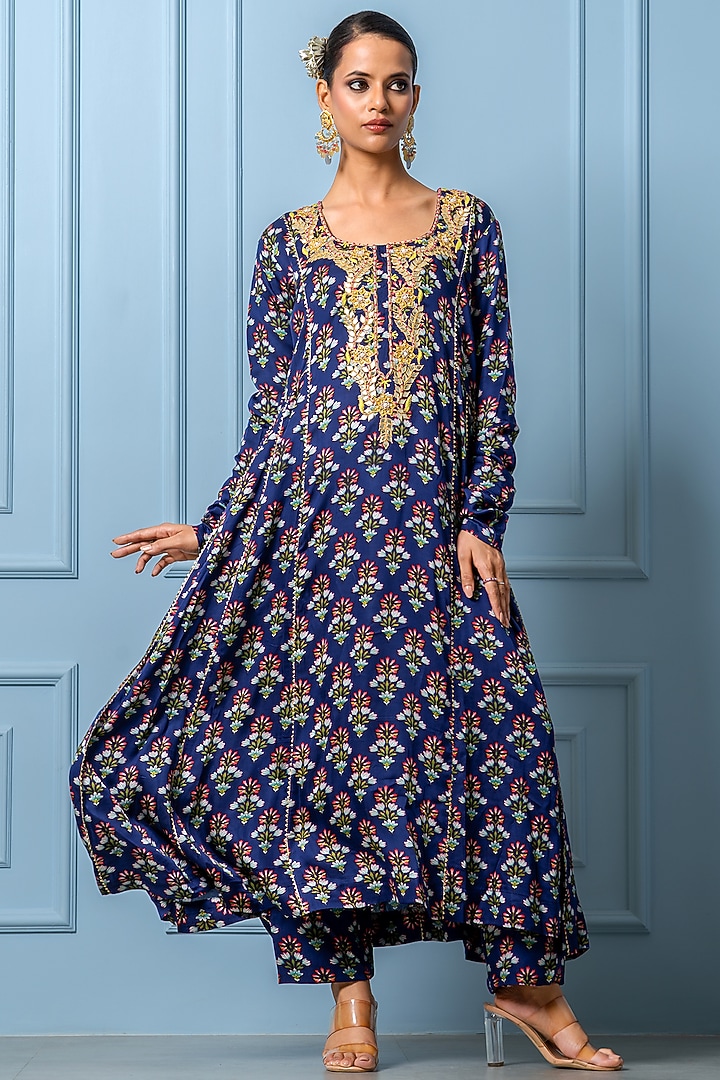 Navy Blue Modal Satin Digital Printed & Dabka Embroidered Kurta Set by Yuvrani Jaipur at Pernia's Pop Up Shop