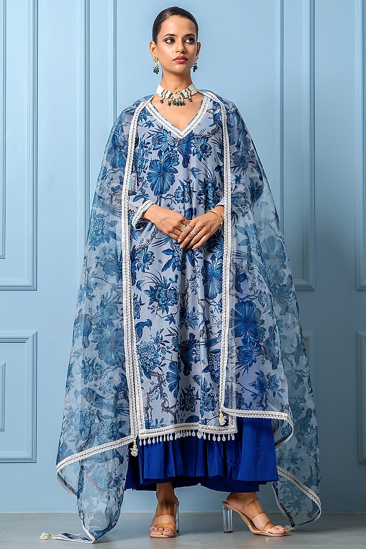 Blue Chanderi Digital Floral Printed Kurta Set by Yuvrani Jaipur at Pernia's Pop Up Shop