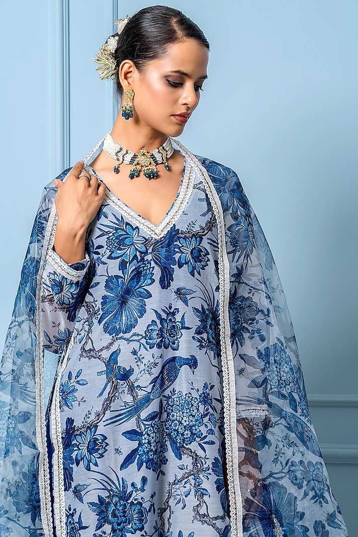 Blue Chanderi Digital Floral Printed Kurta Set by Yuvrani Jaipur at Pernia's Pop Up Shop