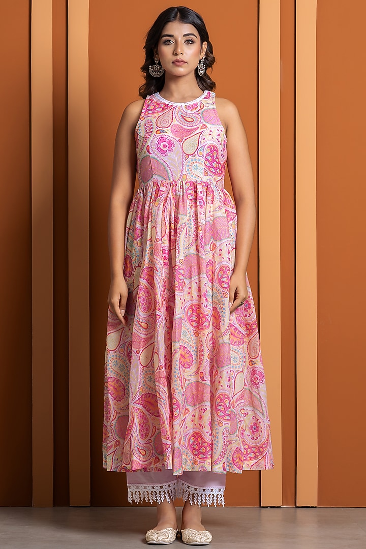 Pink Chanderi Digital Printed Anarkali Set by Yuvrani Jaipur at Pernia's Pop Up Shop