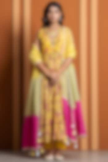 Yellow Chanderi Digital Printed Anarkali Set by Yuvrani Jaipur