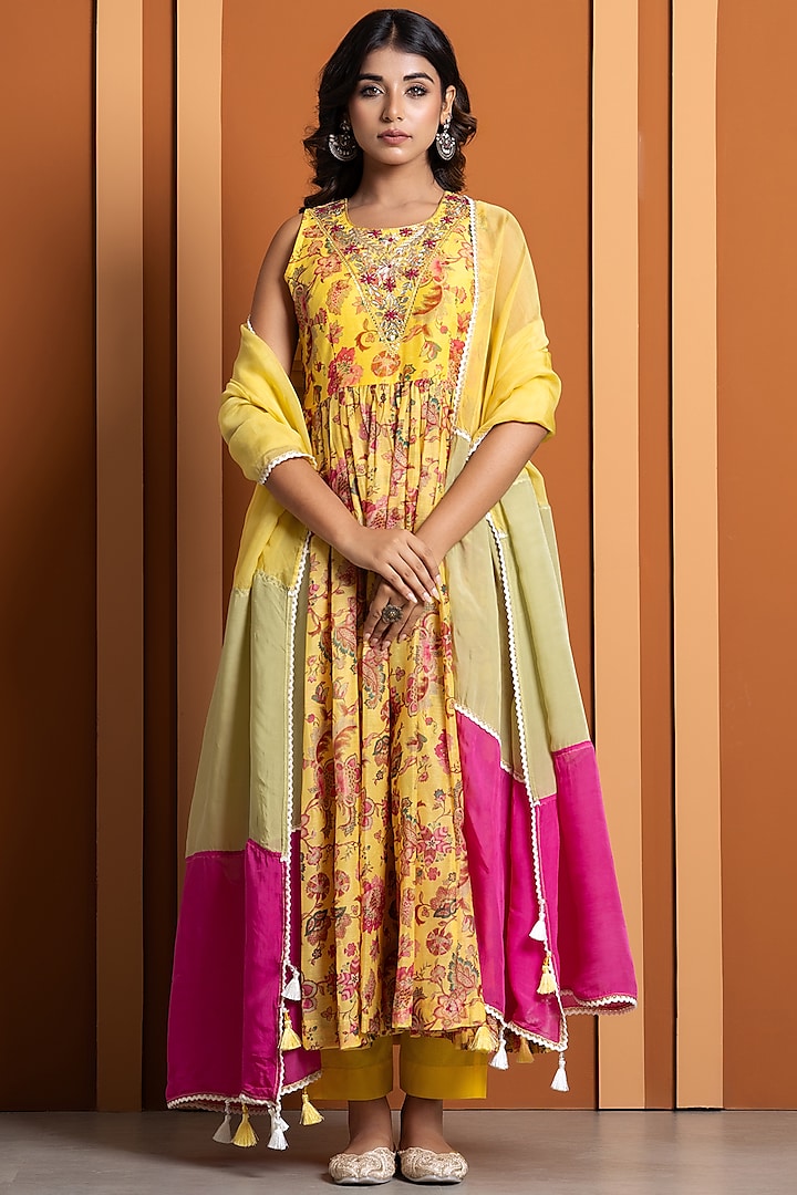 Yellow Chanderi Digital Printed Anarkali Set by Yuvrani Jaipur