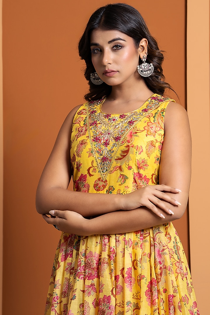 Yellow Chanderi Digital Printed Anarkali Set by Yuvrani Jaipur at Pernia's Pop Up Shop