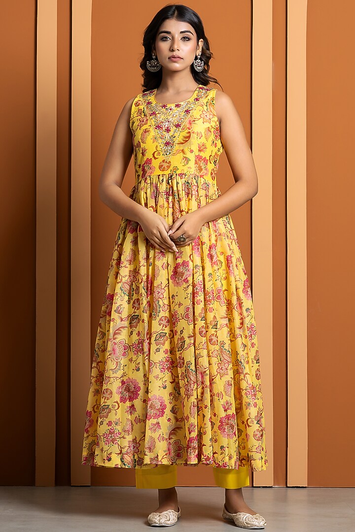 Yellow Chanderi Digital Printed Anarkali Set by Yuvrani Jaipur at Pernia's Pop Up Shop