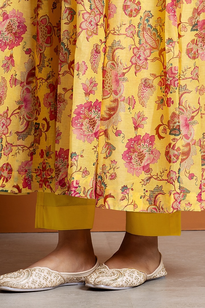 Yellow Chanderi Digital Printed Anarkali Set by Yuvrani Jaipur at Pernia's Pop Up Shop