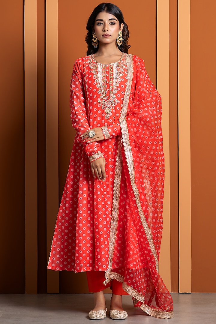 Orange Chanderi Digital Bandhej Printed Kurta Set by Yuvrani Jaipur