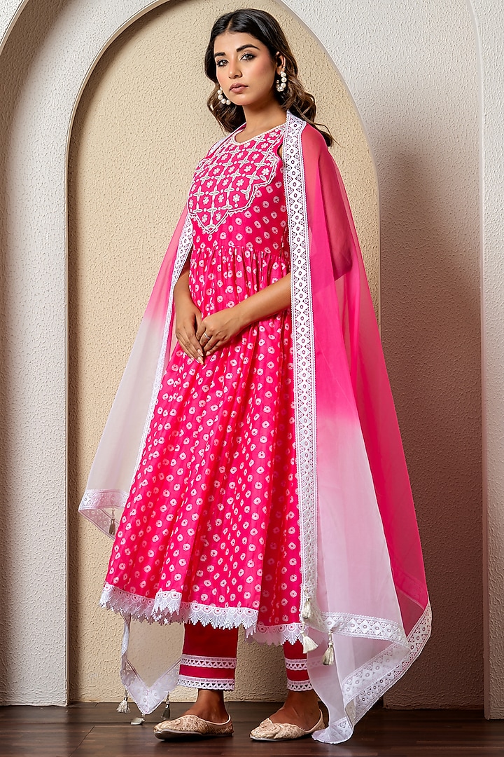 Pink Chanderi Digital Printed Anarkali Set by Yuvrani Jaipur at Pernia's Pop Up Shop