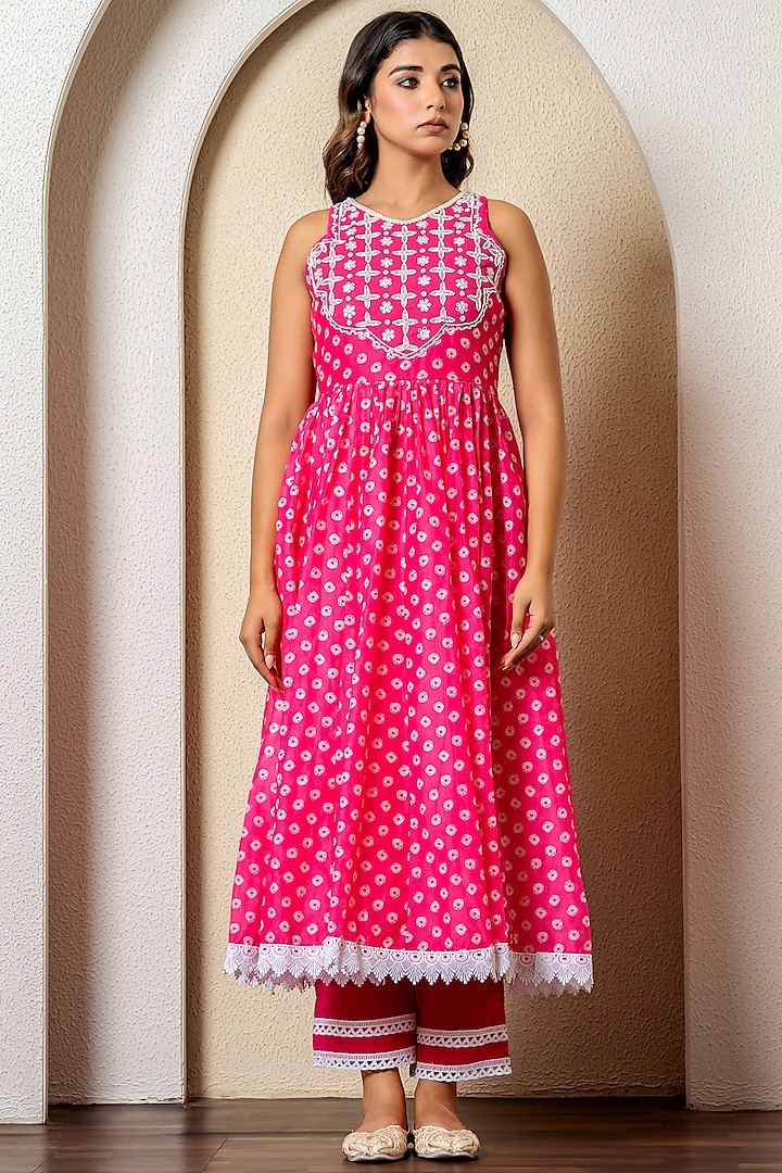 Pink Chanderi Digital Printed Anarkali Set by Yuvrani Jaipur at Pernia's Pop Up Shop