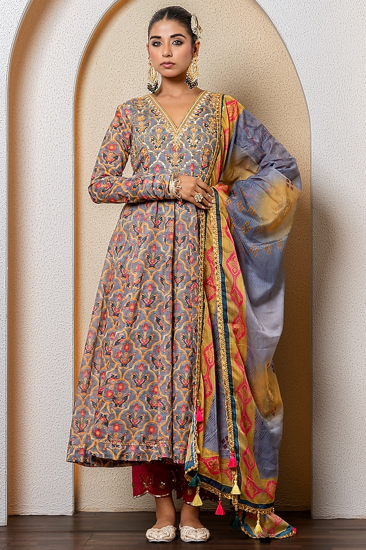 Multi-Colored Chanderi Digital Printed Anarkali Set by Yuvrani Jaipur