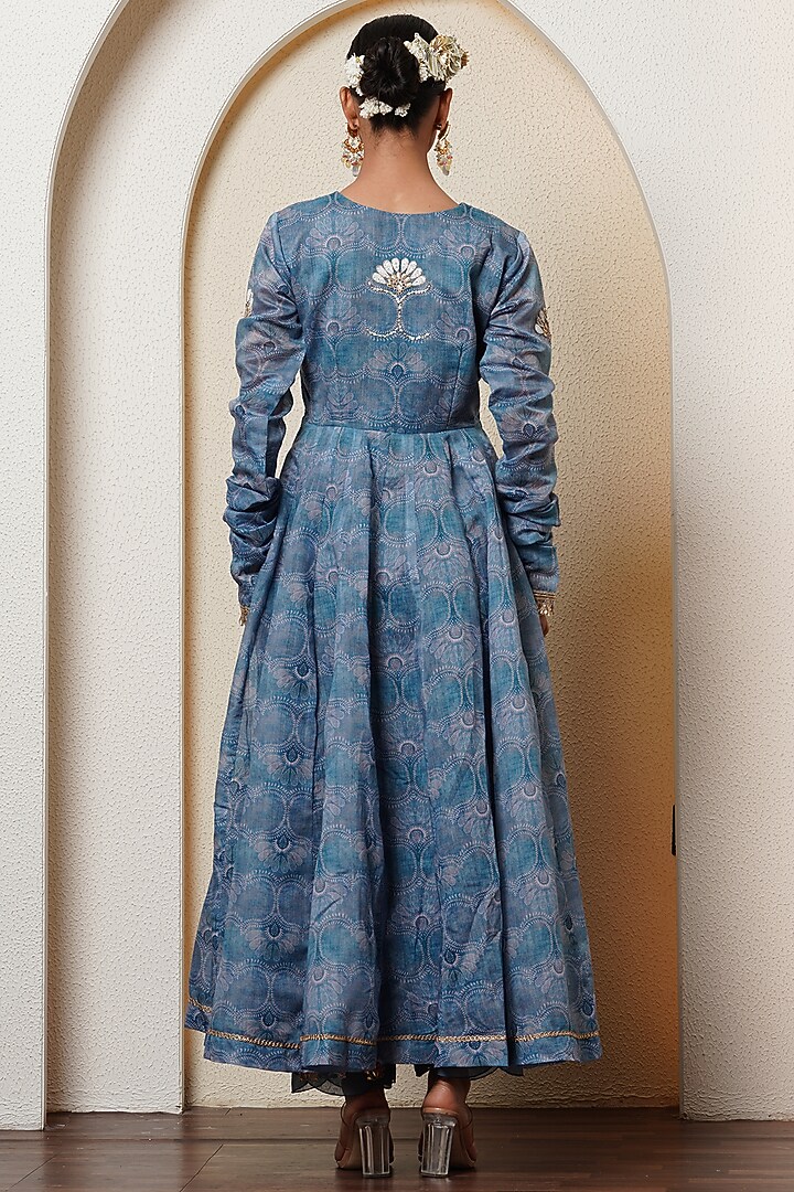 Navy Blue Chanderi Digital Printed Party Wear Anarkali Set by Yuvrani Jaipur at Pernia's Pop Up Shop