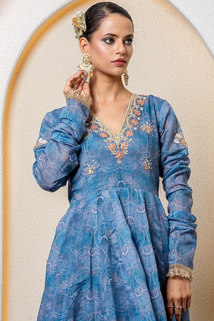 Navy Blue Chanderi Digital Printed Party Wear Anarkali Set by Yuvrani Jaipur at Pernia's Pop Up Shop