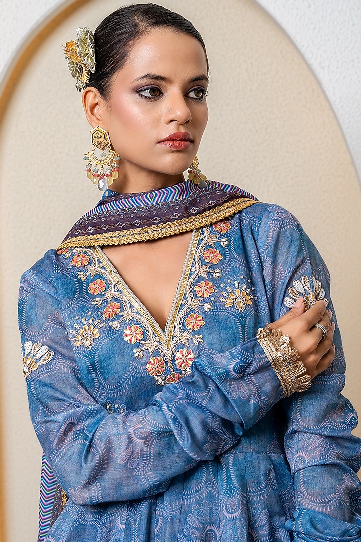 Navy Blue Chanderi Digital Printed Party Wear Anarkali Set by Yuvrani Jaipur at Pernia's Pop Up Shop