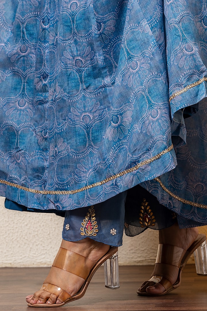 Navy Blue Chanderi Digital Printed Party Wear Anarkali Set by Yuvrani Jaipur at Pernia's Pop Up Shop