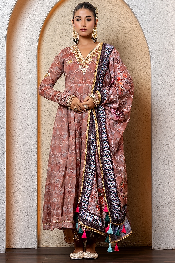 Chocolate Brown Chanderi Digital Printed Anarkali Set by Yuvrani Jaipur