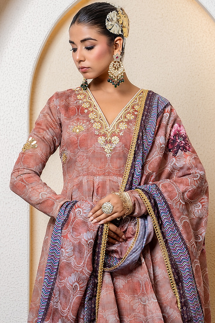 Chocolate Brown Chanderi Digital Printed Party Wear Anarkali Set by Yuvrani Jaipur at Pernia's Pop Up Shop