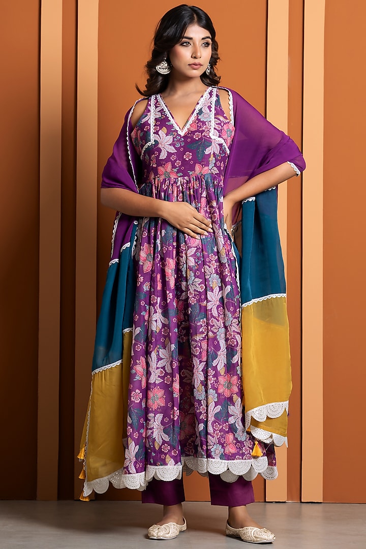 Purple Chanderi Digital Printed Anarkali Set by Yuvrani Jaipur