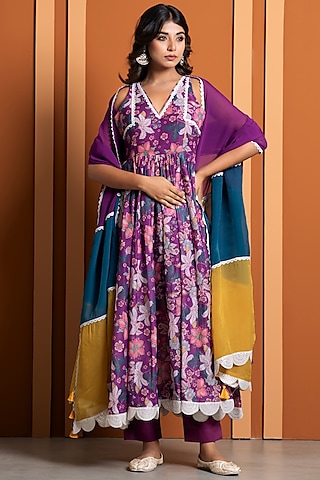 Purple Chanderi Digital Printed Anarkali Set by Yuvrani Jaipur