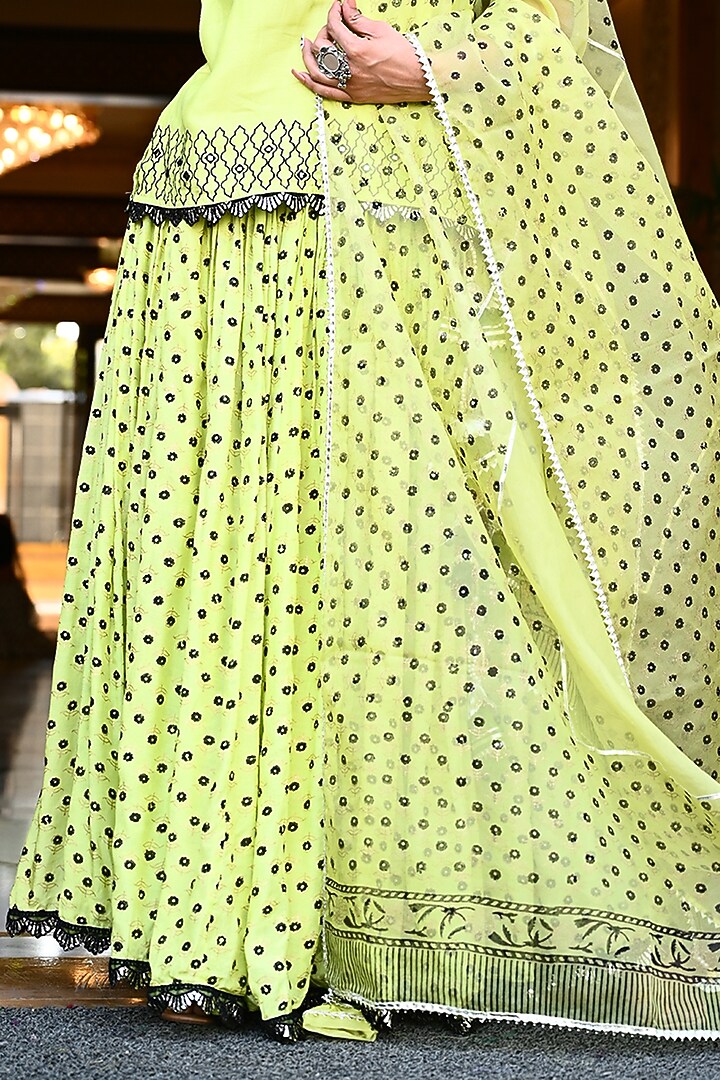 Neon Green Chevron Block Printed Skirt Set by Yuvrani Jaipur at Pernia's Pop Up Shop