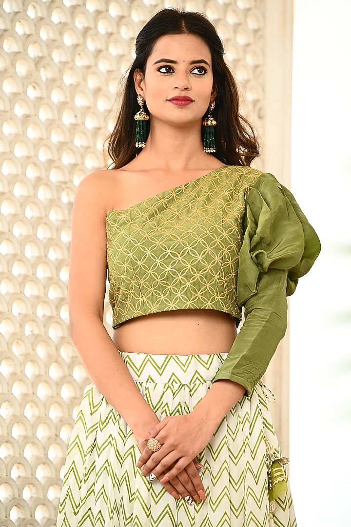 Ivory & Green Hand Block Printed Skirt Set by Yuvrani Jaipur at Pernia's Pop Up Shop