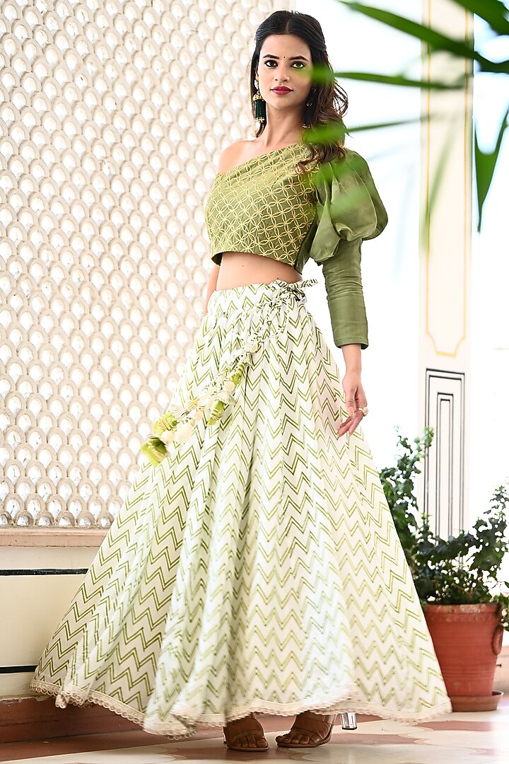 Ivory & Green Hand Block Printed Skirt Set by Yuvrani Jaipur at Pernia's Pop Up Shop