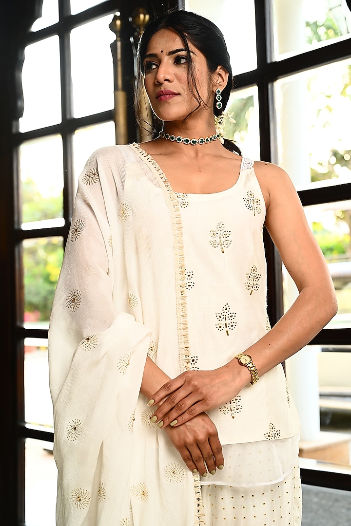 Ivory Chanderi Party Wear Sharara Set by Yuvrani Jaipur at Pernia's Pop Up Shop