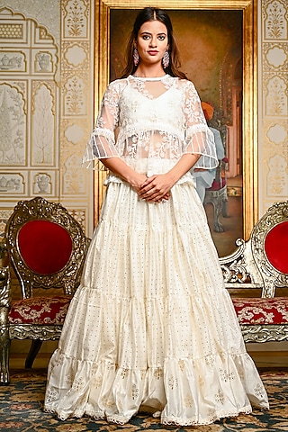 Ivory Chanderi Layered Lehenga Set by Yuvrani Jaipur
