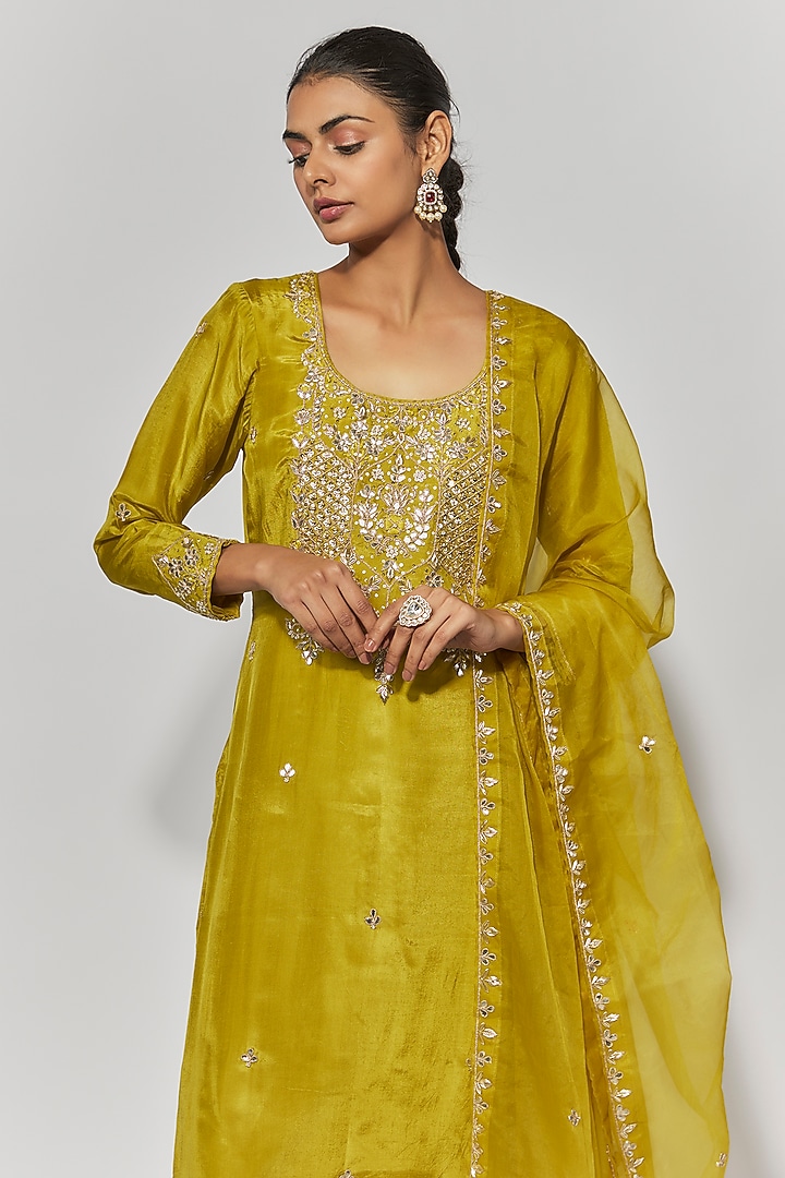 Golden Yellow Silk Gota Patti Hand Embroidered Kurta Set by Yuvrani Jaipur at Pernia's Pop Up Shop