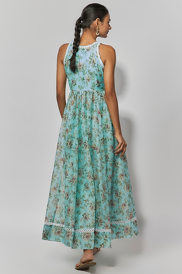 Sea Green Chanderi Floral Printed Anarkali Set by Yuvrani Jaipur at Pernia's Pop Up Shop
