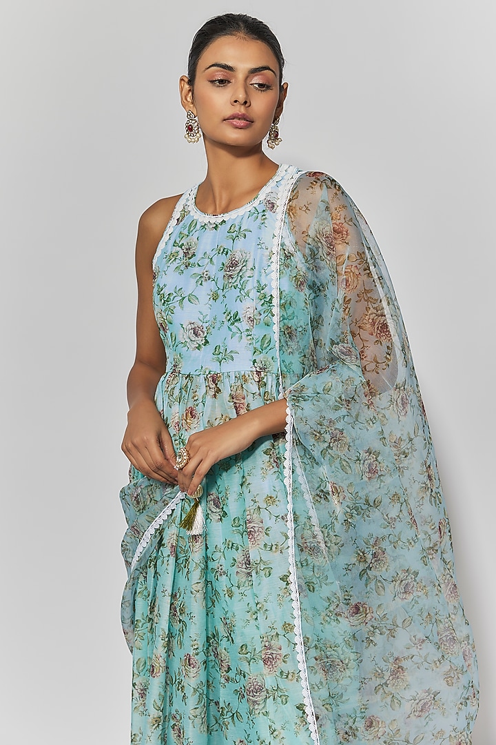 Sea Green Chanderi Floral Printed Anarkali Set by Yuvrani Jaipur at Pernia's Pop Up Shop