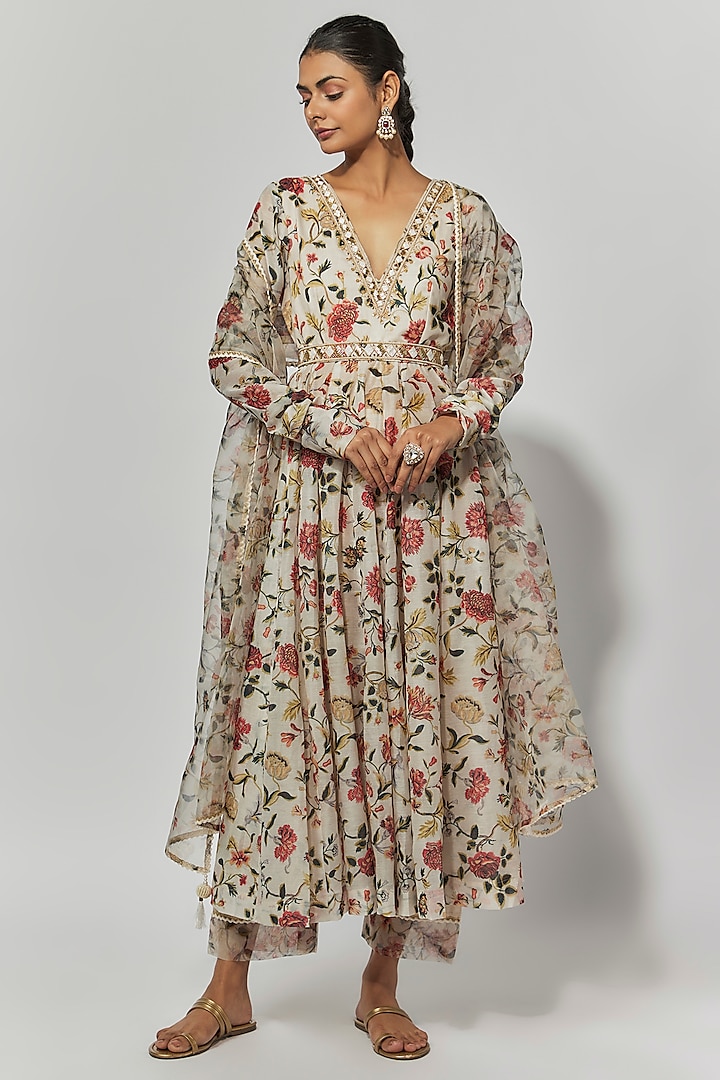 Beige Chanderi Floral Printed & Embroidered Anarkali Set Design by ...