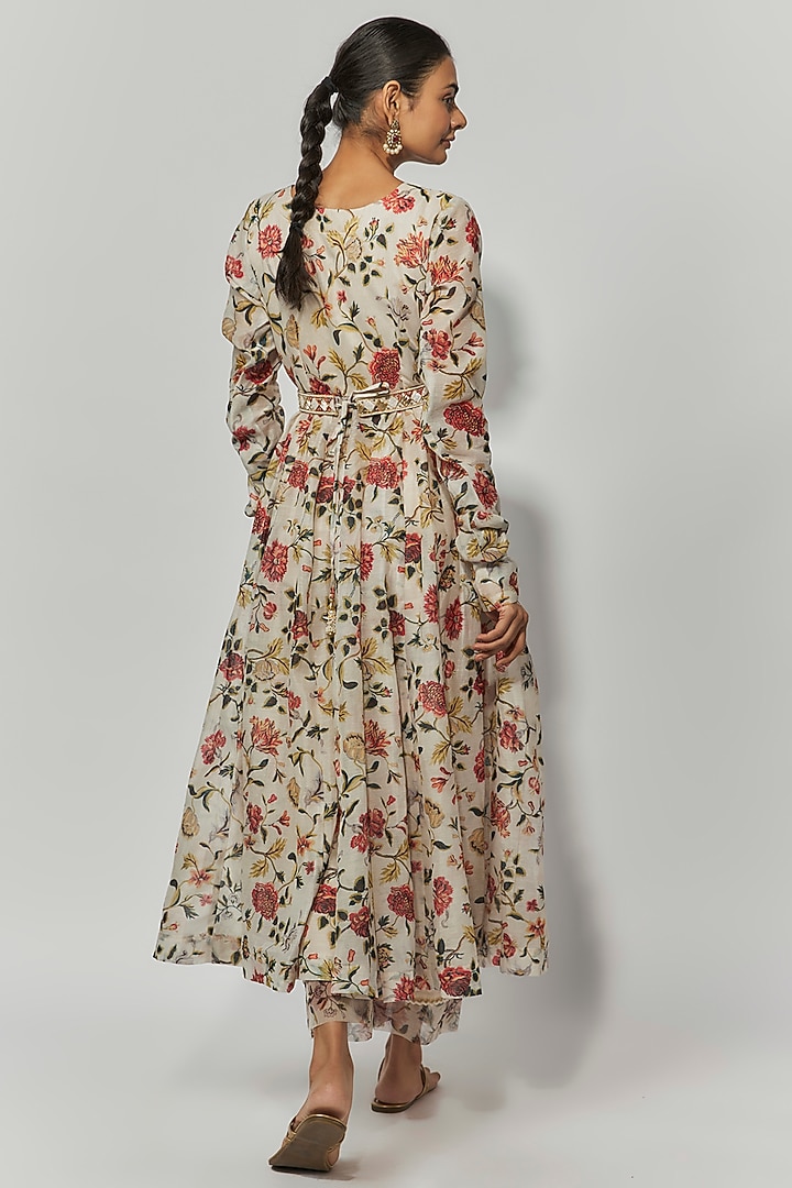 Beige Chanderi Floral Printed & Embroidered Anarkali Set by Yuvrani Jaipur at Pernia's Pop Up Shop