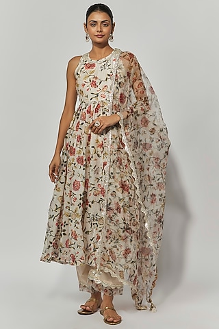 Beige Chanderi Floral Printed & Embroidered Anarkali Set by Yuvrani Jaipur