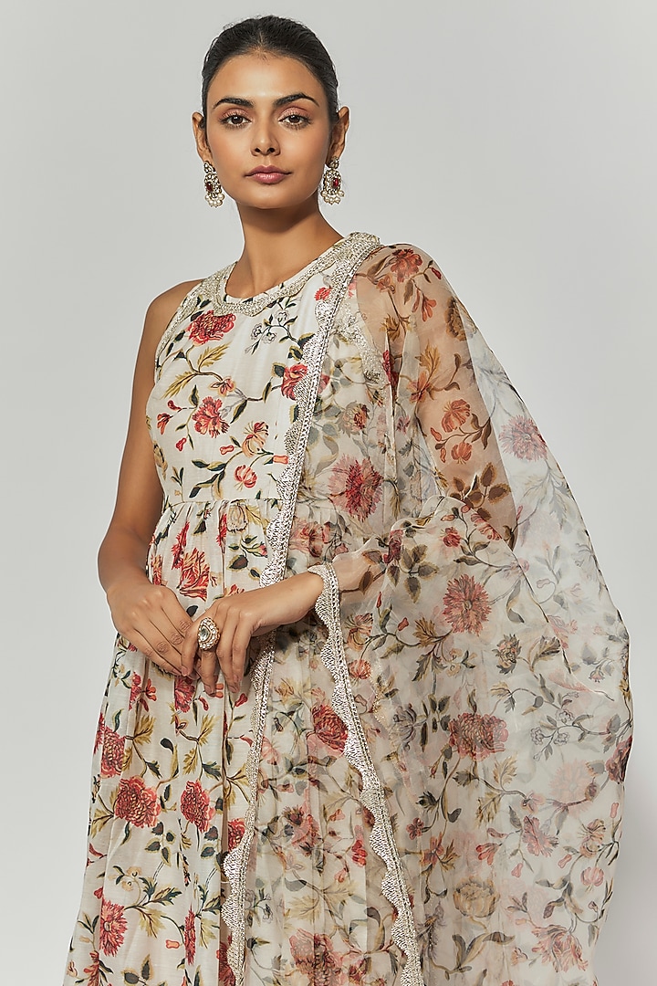 Beige Chanderi Floral Printed & Embroidered Anarkali Set by Yuvrani Jaipur at Pernia's Pop Up Shop