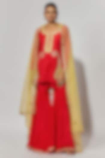 Red Pure Spun Silk Party Wear Sharara Set by Yuvrani Jaipur at Pernia's Pop Up Shop
