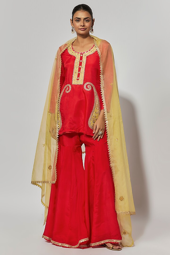 Red Pure Spun Silk Party Wear Sharara Set by Yuvrani Jaipur at Pernia's Pop Up Shop