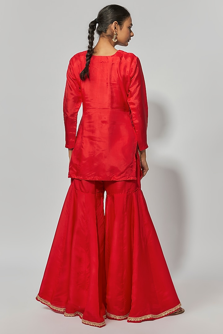Red Pure Spun Silk Party Wear Sharara Set by Yuvrani Jaipur at Pernia's Pop Up Shop