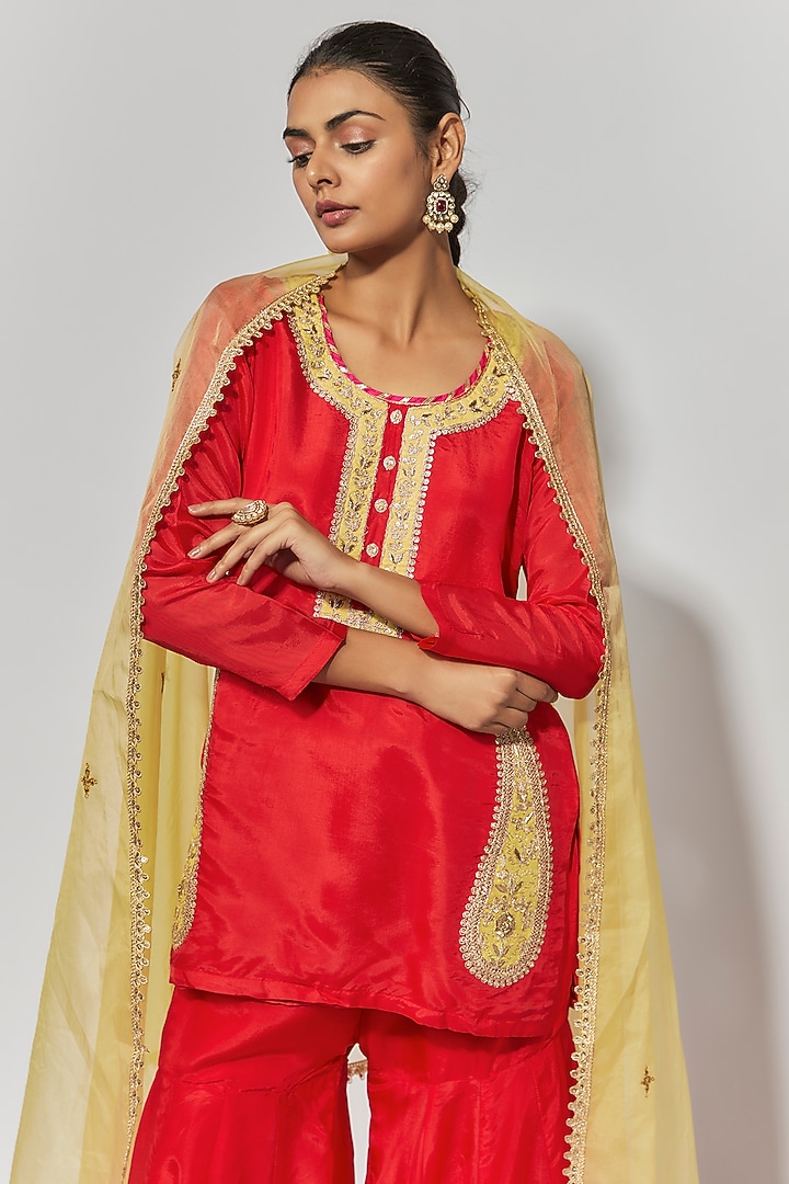 Red Pure Spun Silk Party Wear Sharara Set by Yuvrani Jaipur at Pernia's Pop Up Shop