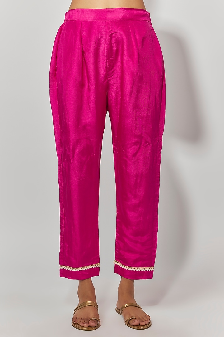 Hot Pink Silk Thread & Pearl Hand Embroidered Kurta Set by Yuvrani Jaipur at Pernia's Pop Up Shop