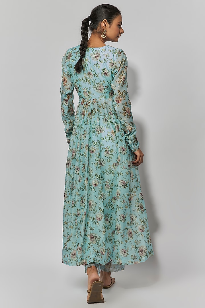 Sea Green Chanderi Floral Printed Anarkali Set by Yuvrani Jaipur at Pernia's Pop Up Shop