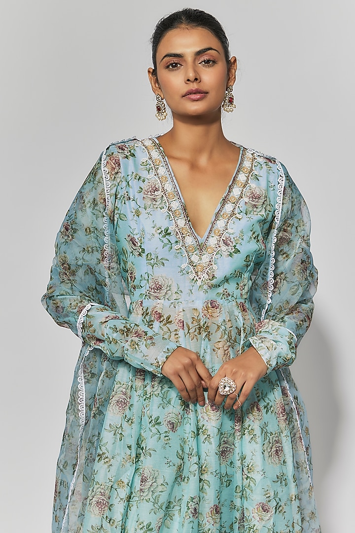 Sea Green Chanderi Floral Printed Anarkali Set by Yuvrani Jaipur at Pernia's Pop Up Shop