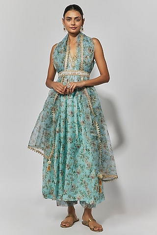 Sea Green Chanderi Floral Printed Anarkali Set by Yuvrani Jaipur